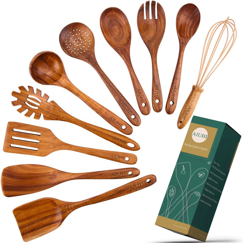 ADT AIUHI 10 Pack Wooden Spoons for Cooking, Teak Wood Kitchen Utensils Set for Non Stick Use, Spatula Set for Stirring, Baking, Non Stick Wooden Utensils for Kitchen - Image 1